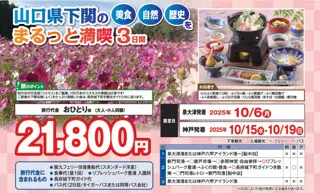 【阪九フェリー関西発団体ツアー】とらふくをご賞味！山口県下関の「美食」「自然」「歴史」をまるっと満喫３日間販売開始！